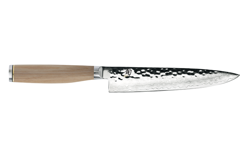Shun Premier Gyuto knife with octagonal wooden handle, Damascus-patterned blade, and tsuchime finish, ideal for versatile kitchen tasks, from Athens Cooks.