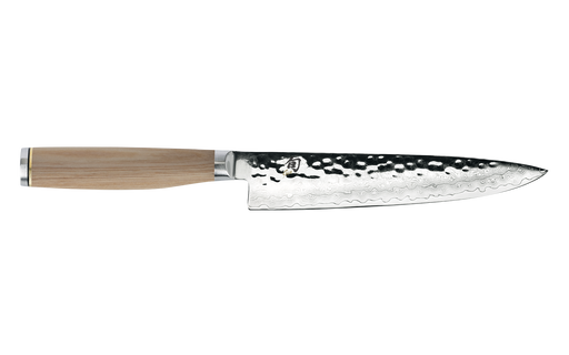 Shun Premier Gyuto knife with octagonal wooden handle, Damascus-patterned blade, and tsuchime finish, ideal for versatile kitchen tasks, from Athens Cooks.