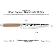 Shun | Premier Blonde Utility Knife, 6.5: Japanese-style petty knife with hammered Damascus blade, D-shaped wooden handle, and kanji stamp near bolster.