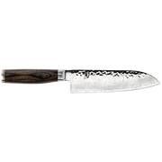 Shun Premier Santoku 7 Walnut knife with hammered tsuchime finish, Damascus layering, Japanese characters, and a dark wooden handle, ideal for versatile kitchen tasks.
