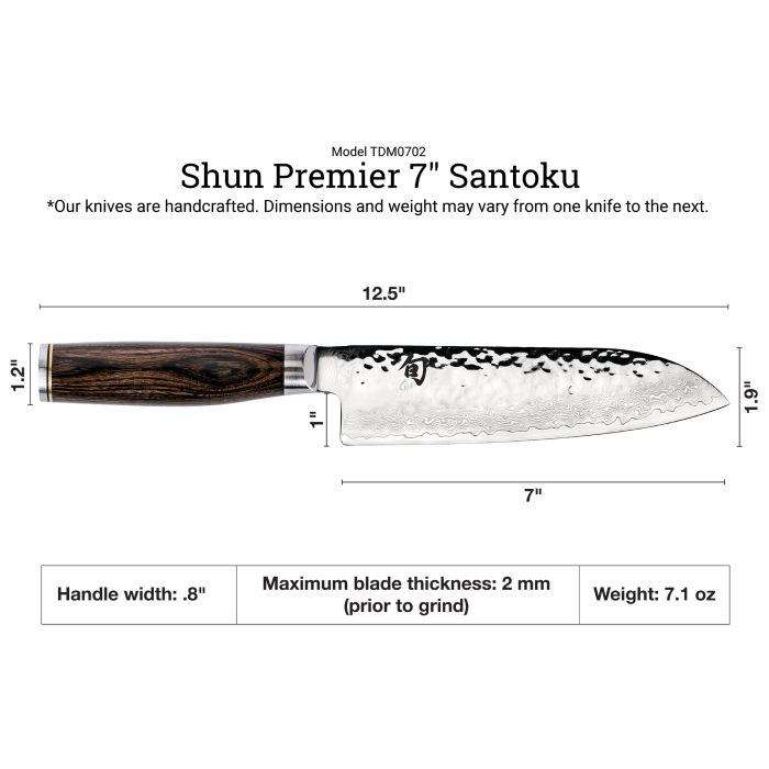 Shun | Premier Santoku Walnut, 7 knife featuring a Damascus-patterned blade with tsuchime finish and a Pakkawood handle, ideal for versatile kitchen tasks.