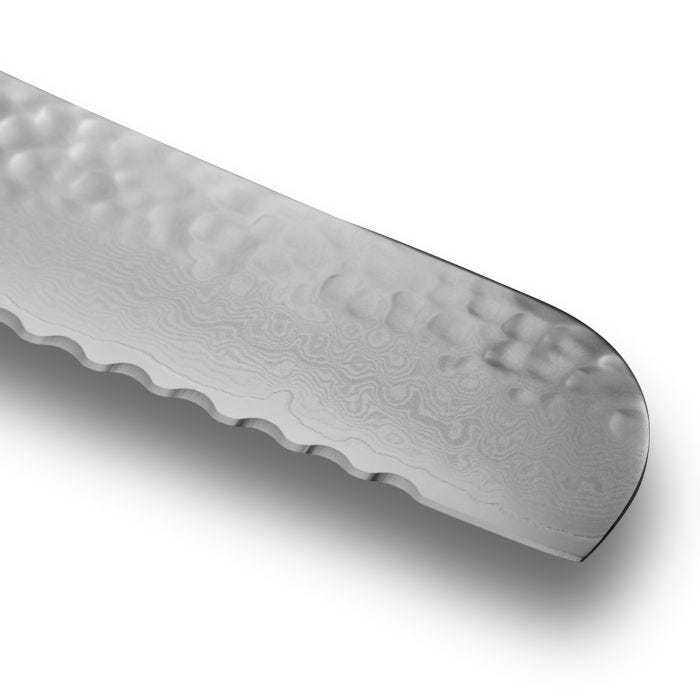 Shun Premier Blonde Bread Knife, 9-inch, showcases a serrated edge and Damascus pattern, ideal for cutting bread without crushing, available at Athens Cooks.
