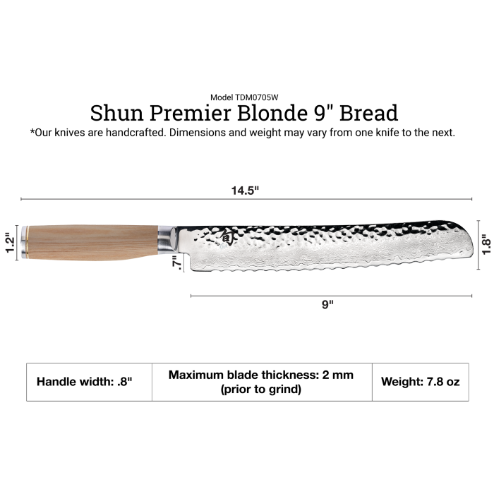 Shun Premier Blonde Bread Knife, 9, features a hammered tsuchime finish, Damascus pattern, and a D-shaped wooden handle, perfect for precise bread slicing.