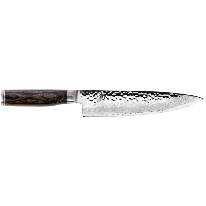 Shun Premier Knife Series - Gyuto with hammered finish and Damascus pattern blade, dark wood handle, from Athens Cooks' curated kitchen collection.
