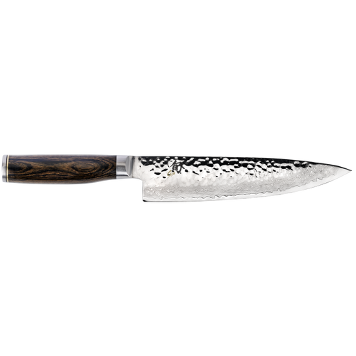 Shun Premier Knife Series - Gyuto with hammered finish and Damascus pattern blade, dark wood handle, from Athens Cooks' curated kitchen collection.