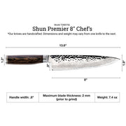 Shun | Premier Chef's Walnut, 8 inches knife, features a side-profile drawing with precise dimensions, showcasing its handcrafted, lightweight design ideal for versatile kitchen use.