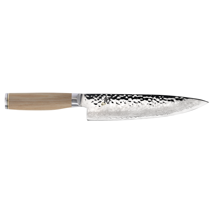 Shun Premier Knife Series - Gyuto chef’s knife with hammered stainless-steel blade and light wood handle, ideal for versatile kitchen tasks.