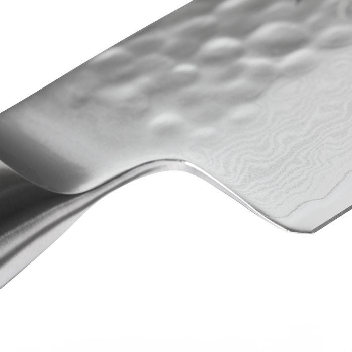 Shun Premier Blonde Chef's Knife, 8 inches, featuring hammered tsuchime dimples and Damascus patterning for optimal food release and precision cutting.