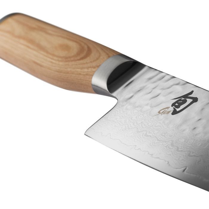 Shun | Premier Blonde Chef's Knife, 8 inches; features a hammered Damascus steel blade with Shun logo and a smooth, contoured wooden handle.