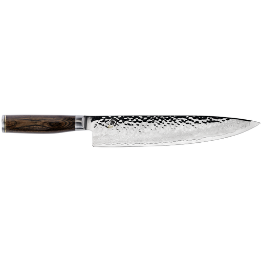Shun | Premier Chef's Knife, 10, features a hammered blade and wooden handle, embodying precision and craftsmanship, ideal for versatile kitchen tasks.