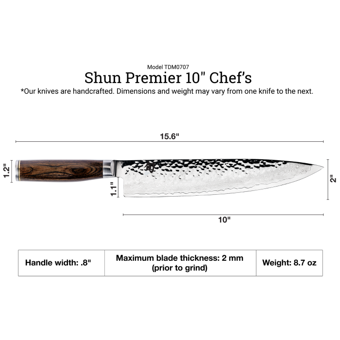 Shun | Premier Chef's Knife, 10, featuring a hammered Damascus blade and dark wood handle, ideal for efficient, large-volume cutting, crafted for professional use.