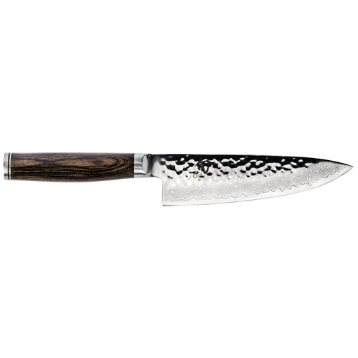 Shun Premier Knife Series - Premier Combination Honing Steel with hammered blade, Damascus edge, dark wooden handle, ideal for precision and durability in the kitchen.