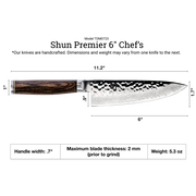 Shun Premier Chef's Knife, 6 inches, showcasing a hammered tsuchime finish, Damascus pattern, and Pakkawood handle, ideal for precise kitchen prep tasks.