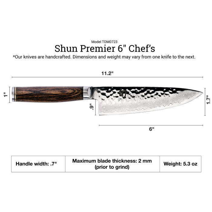 Shun Premier Chef's Knife, 6 inches, showcasing a hammered tsuchime finish, Damascus pattern, and Pakkawood handle, ideal for precise kitchen prep tasks.