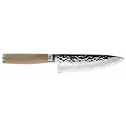 Shun Premier Knife Series santoku with hammered blade finish, Damascus edge, and light wood handle, embodying precision craftsmanship from Athens Cooks.