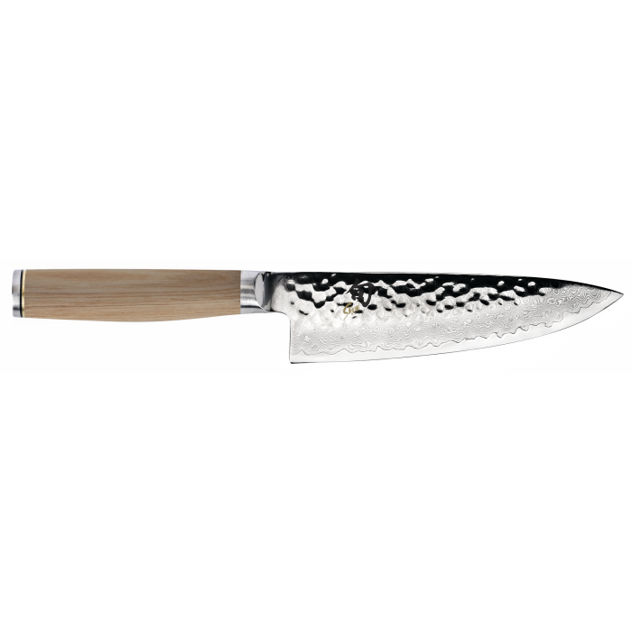 Shun Premier Knife Series santoku with hammered blade finish, Damascus edge, and light wood handle, embodying precision craftsmanship from Athens Cooks.