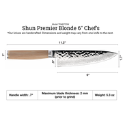 Shun | Premier Knife Series, Chef Blonde, 6 inches: Japanese-style gyuto with hammered finish, Damascus pattern, and light wooden handle, showcasing precision dimensions and nimble performance.