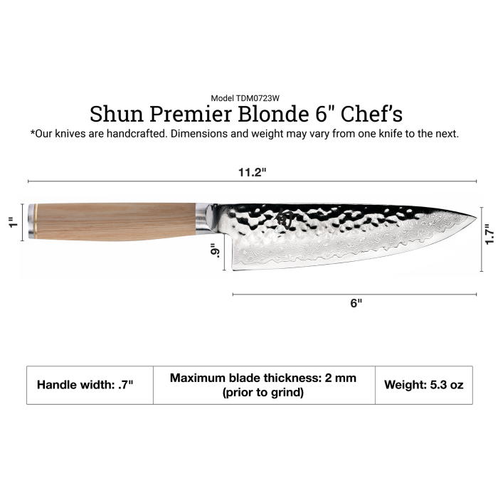 Shun | Premier Knife Series, Chef Blonde, 6 inches: Japanese-style gyuto with hammered finish, Damascus pattern, and light wooden handle, showcasing precision dimensions and nimble performance.