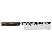 Shun Premier Knife Series Santoku, featuring a hammered damascus blade and dark wood handle, showcasing expert craftsmanship and precision for culinary tasks.