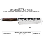 Shun Premier Nakiri Walnut, 5.5 vegetable knife with a hammered Damascus blade and ergonomic wooden handle, ideal for precise vegetable slicing and dicing.