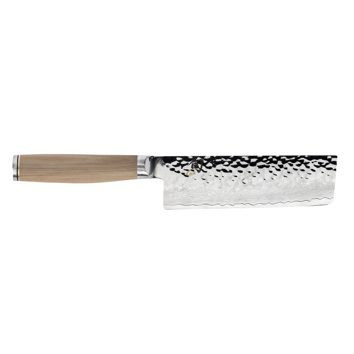 Shun Premier nakiri knife with straight, rectangular blade, tsuchime finish, Damascus layering, and light wooden handle, part of Shun's high-quality Premier Knife Series.