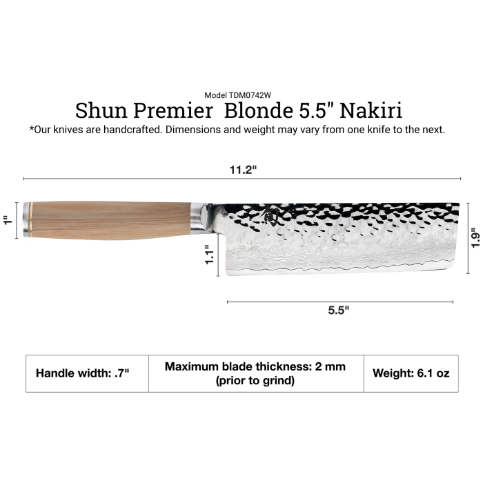 Shun | Premier Blonde Nakiri, 5.5, features a hammered Damascus blade and blonde Pakkawood handle, designed for precise vegetable slicing.
