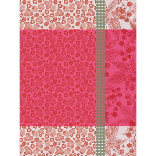 Le Jacquard Français | Cueillette D'Été Tea Towel, Red, features a strawberry and floral block pattern, ideal for adding vibrant charm and durability to your kitchen.