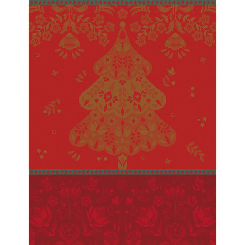 Le Jacquard Francais | Féerie Tea Towel, Red: Features a festive design with a stylized Christmas tree and floral motifs, perfect for adding holiday charm to your kitchen.