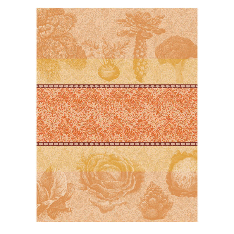 Le Jacquard Francais | Jardin Des Choux Tea Towel, Orange, featuring botanical and vegetable motifs in a warm palette, ideal for enhancing kitchen decor.