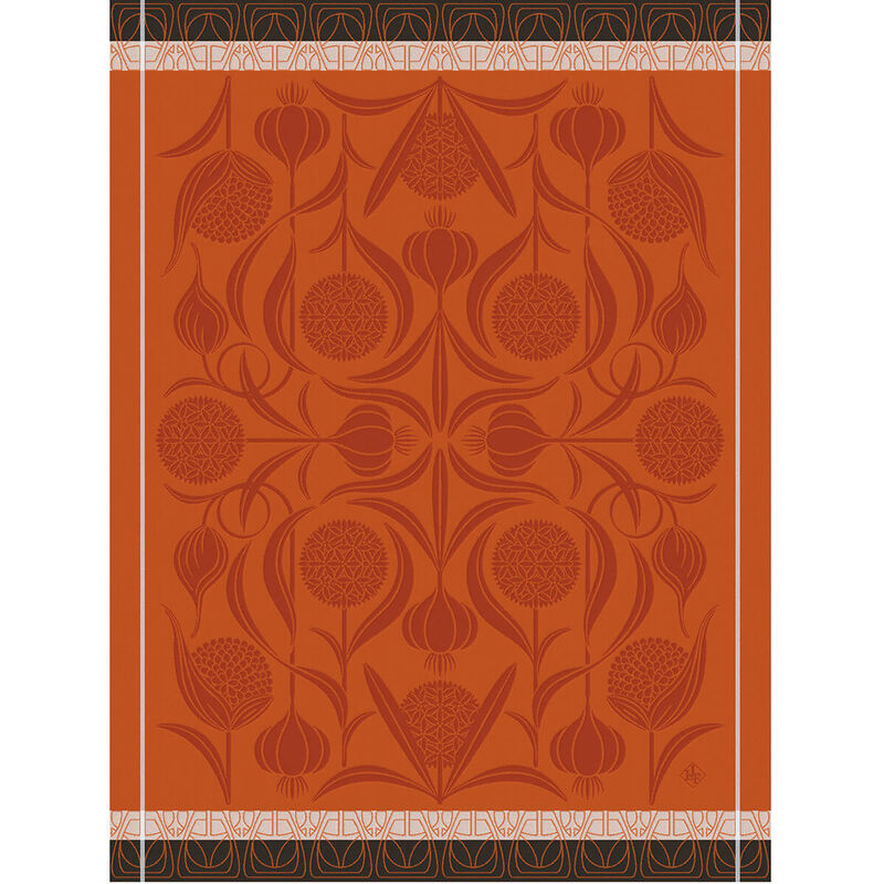 Le Jacquard Français | L'Ail Tea Towel featuring an Art Nouveau botanical pattern with symmetrical garlic-inspired motifs and geometric borders, perfect for sophisticated kitchen decor.