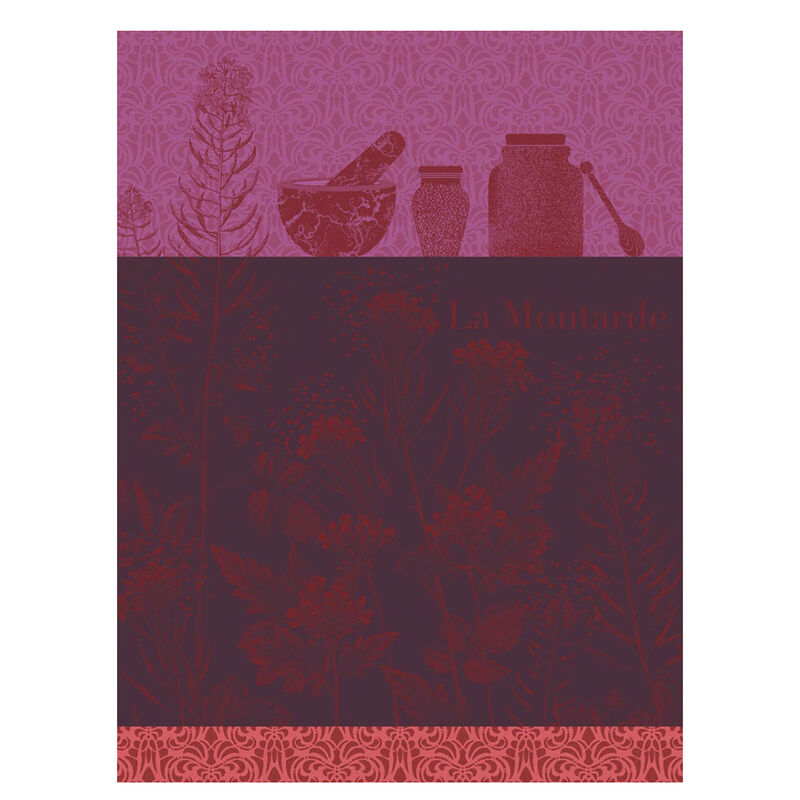 Le Jacquard Francais | Moutarde En Fleurs Tea Towel, Purple, featuring French-themed botanical illustrations and culinary motifs, perfect for adding elegance to your kitchen.