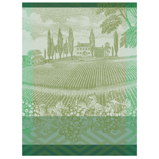 Le Jacquard Francais VIGNOBLE GREEN TEA TOWEL features a vineyard scene with chateau, cypress trees, and grapevine motifs, celebrating Burgundy's wine heritage.