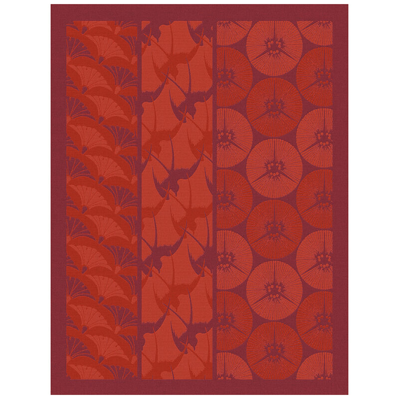 Le Jacquard Français | Yukata Tea Towel featuring red panels with fan, swallow, and umbrella motifs, reflecting Japanese design.