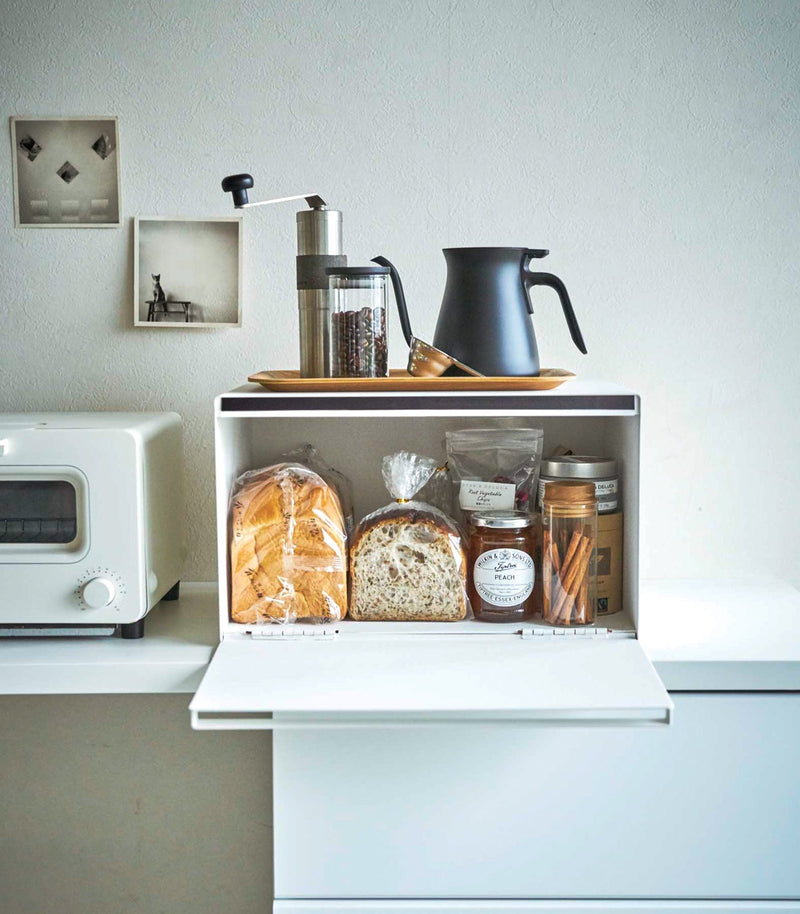 Yamazaki Home | Tower Bread Box in kitchen setup with coffee tools, displaying bread, jam, and spices on a minimalist countertop at Athens Cooks.