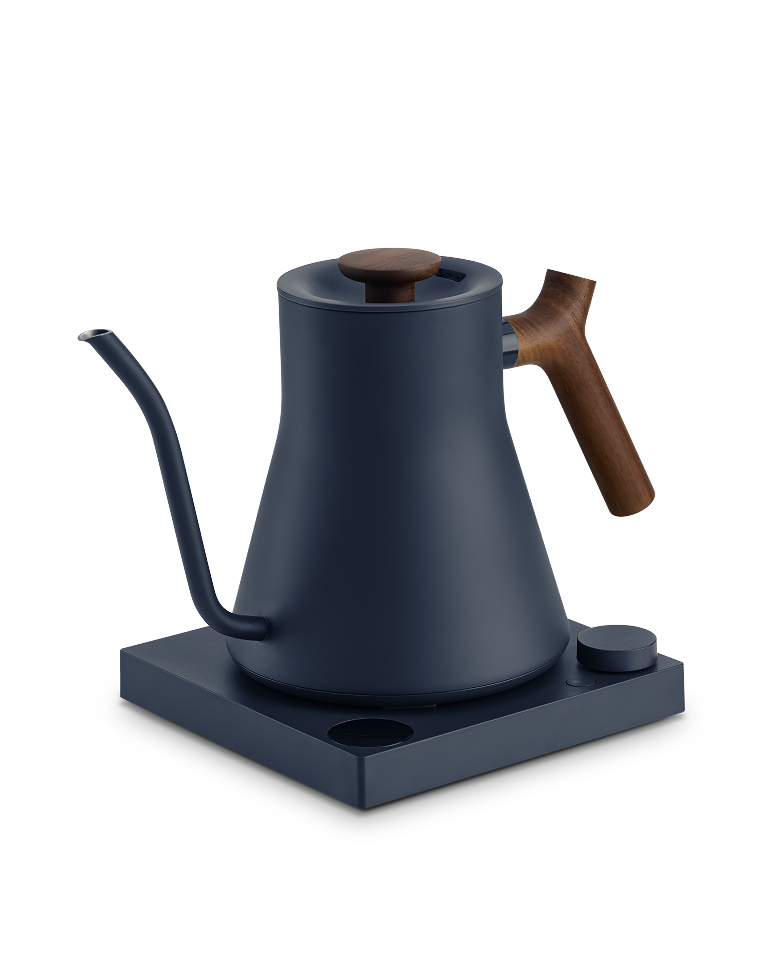 FELLOW | Stagg EKG Pro Electric Kettle, Stone Blue w/ Walnut, featuring a precision spout, wooden accents, and a temperature-controlled base, ideal for pour-over coffee enthusiasts.