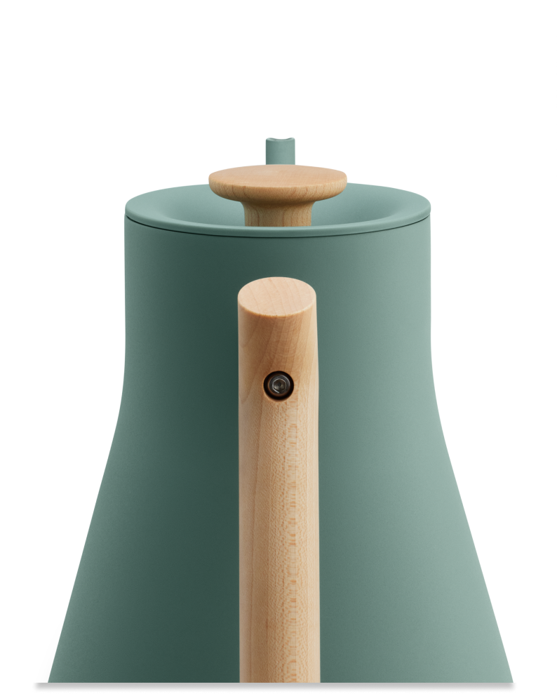 FELLOW | Stagg EKG Pro Electric Kettle, Smoke Green w/ Maple features a gooseneck design, ideal for precise pour-over coffee, with advanced temperature control.