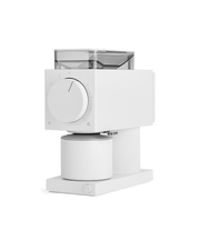 FELLOW | Ode Brew Grinder Gen 2, Matte White features a transparent bean hopper, adjustable grind size dial, and a cylindrical catch container for consistent coffee grinding.