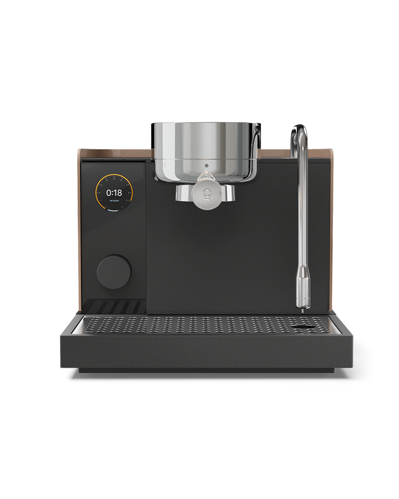FELLOW | Espresso Series 1, Malted Chocolate + Maple: A sleek, black espresso machine with digital display and steam wand, offering precision and control for home baristas.