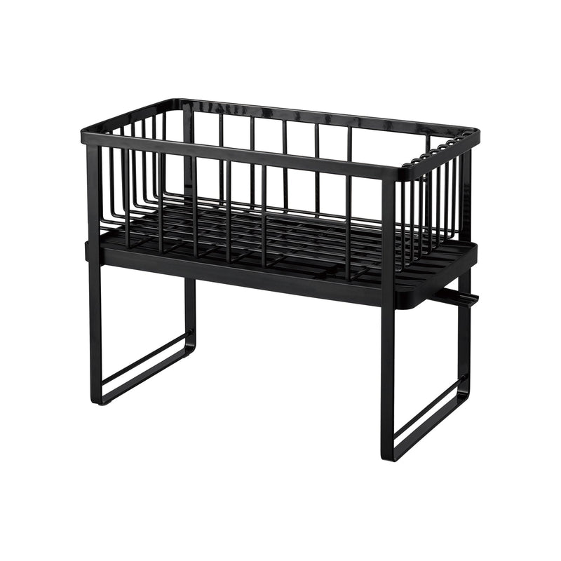 Yamazaki Home | Two-Tier Dish Rack: Black metal rack with upper basket, slatted shelf, and 360-degree spout for efficient dish drying and countertop organization.