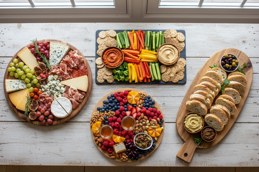 Charcuterie: Build Your Perfect Board with assorted cheeses, meats, fruits, veggies, nuts, breads, and dips, displayed on various boards for a hands-on class experience.