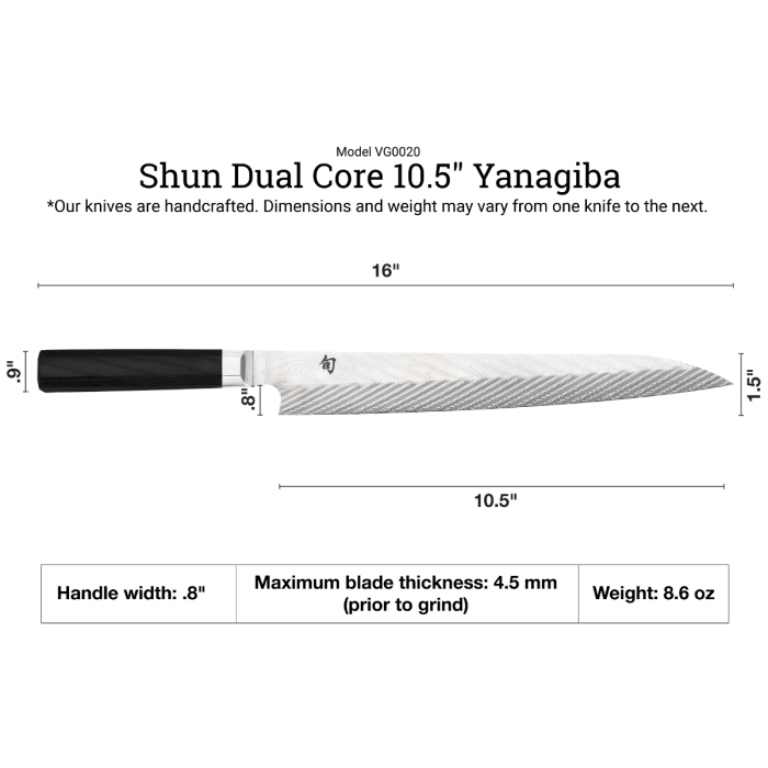 Shun | Dual Core Yanagiba, 10.5 inches: Japanese slicing knife with 16 overall length, single-bevel Damascus-pattern blade, D-style octagonal handle, ideal for sushi preparation.