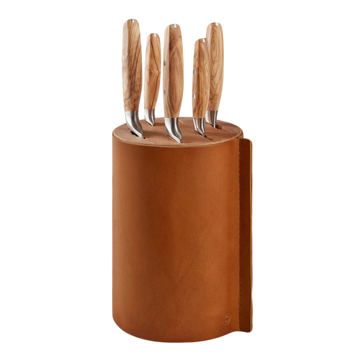 Wusthof | Villa 6-Piece Knife Block Set: Cylindrical, leather-bound block with five knives, featuring light wood-grain handles and stainless-steel blades, designed for stylish, safe storage.
