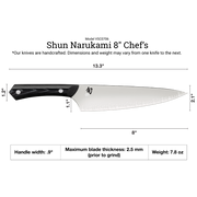 Shun Narukami 8 Chef's Knife features an 8 blade, black two-riveted handle, handcrafted in Japan, showcasing precise measurements for professional kitchen performance.