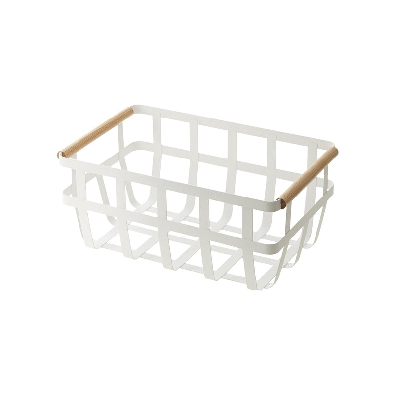 Yamazaki Home | Steel + Wood Storage Baskets, Large, featuring a white metal grid design and wooden handles, ideal for organizing household items efficiently.