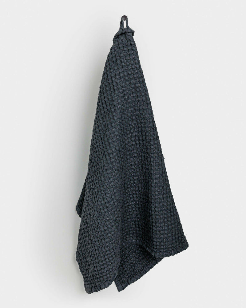 MagicLinen Waffle Kitchen Towels in Dusty Blue, large size, feature a waffle weave for enhanced absorbency and quicker drying, perfect for culinary tasks.
