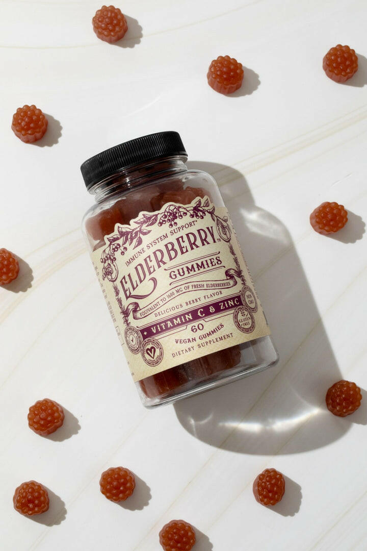 Roots & Leaves Elderberry Gummies in a jar, showcasing specialty food available at Athens Cooks, known for its curated culinary products and expertise.