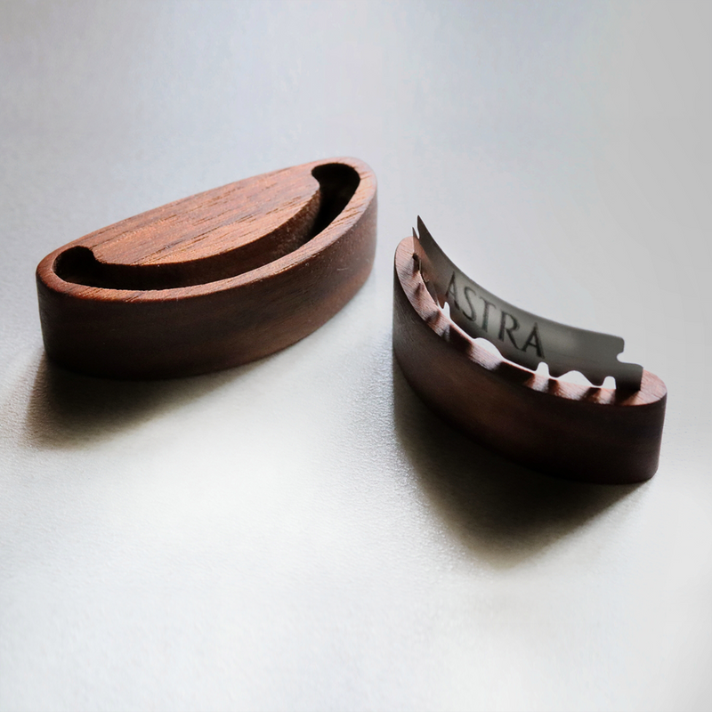 Wire Monkey | Arc Lame: Pair of small, curved wooden boxes for razor blades, one open with an Astra blade, crafted from American Black Walnut.