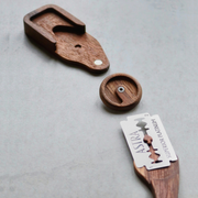 Wire Monkey | Goose Lame disassembled: wooden handle, circular clamp, Astra blade; designed for precise dough slashing, features American black walnut and stainless steel construction.
