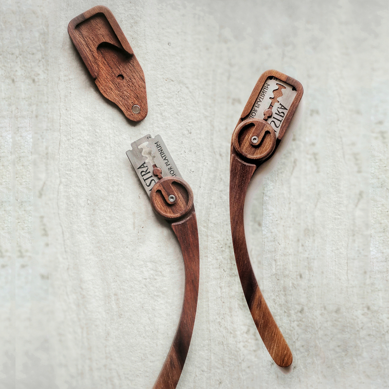 Wire Monkey | Goose Lame featuring handcrafted wooden handles, open to show blade slot, made from American black walnut with stainless steel hardware and magnetic blade guard.