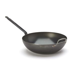 de Buyer | ROUNDED WOK WITH HELPER HANDLE - BLUE CARBON STEEL, features a 32 cm blued carbon steel body with a long handle and loop-style helper handle.